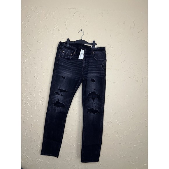 American Eagle aeroflex 360 distressed patch denim jeans black Size 36/32 - Picture 1 of 3